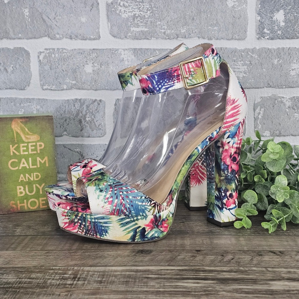Its Tropical Floral Platform Heels Womens 9 Block Heel Ankle Strap Sandals